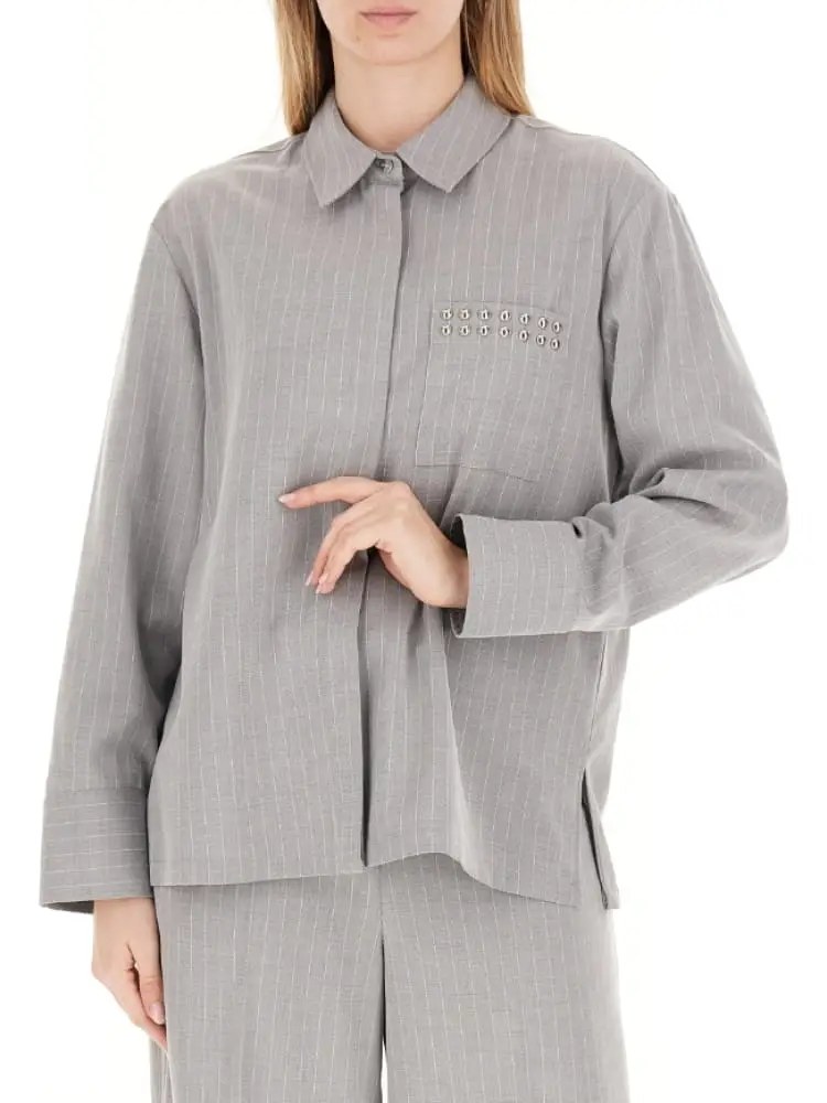 camicia donna a maniche lunghe grigia con inserti argentati