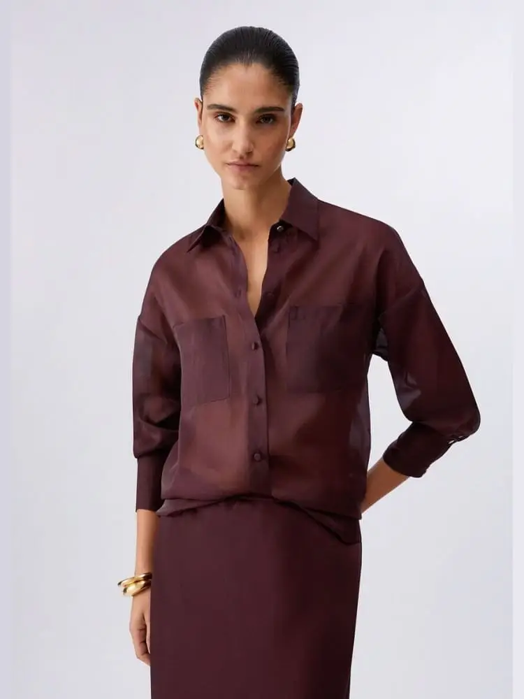 camicia in organza marrone miniatura 2