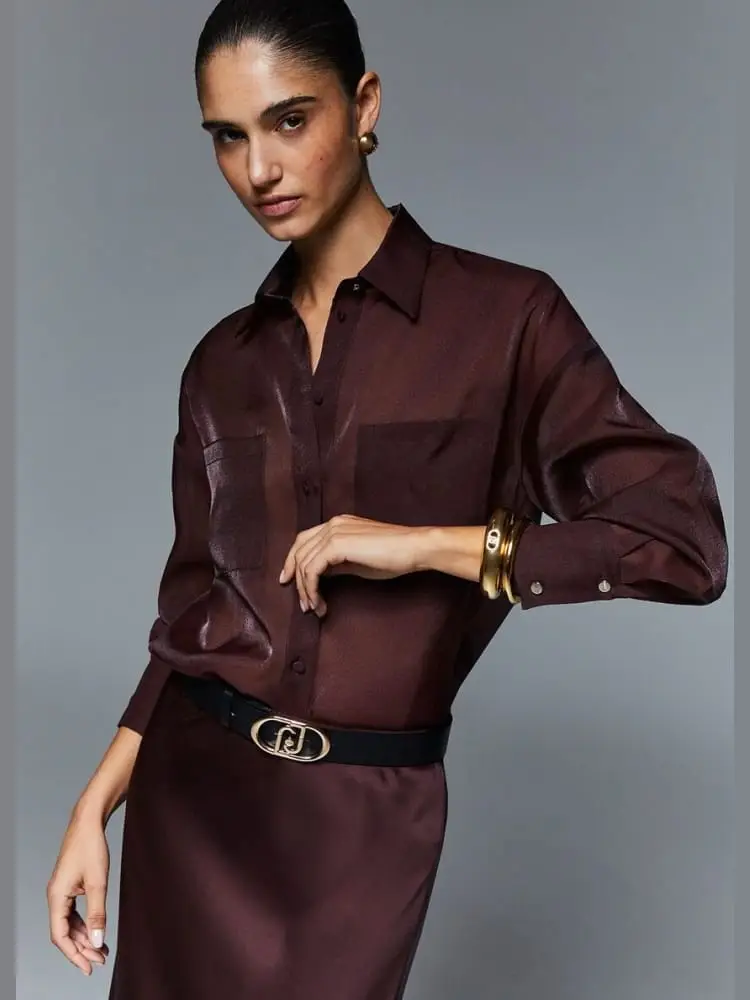 camicia in organza marrone miniatura 3