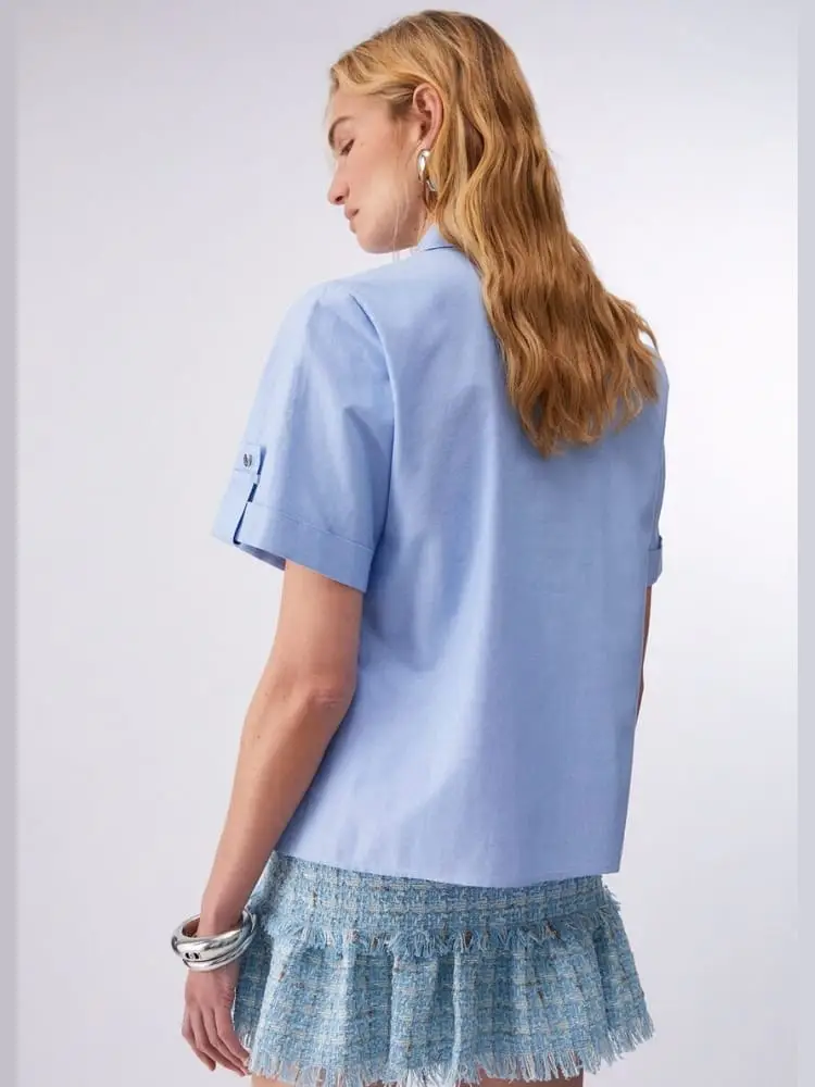 camicia manica corta in oxford celeste con strass sul collo miniatura 2