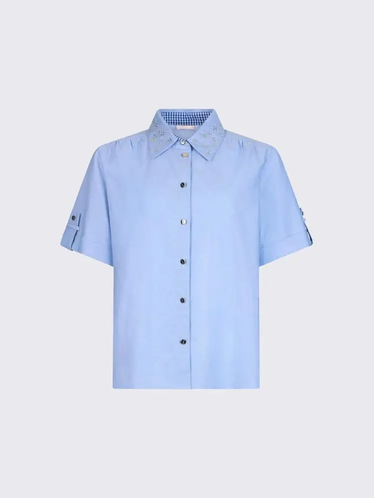 camicia manica corta in oxford celeste con strass sul collo