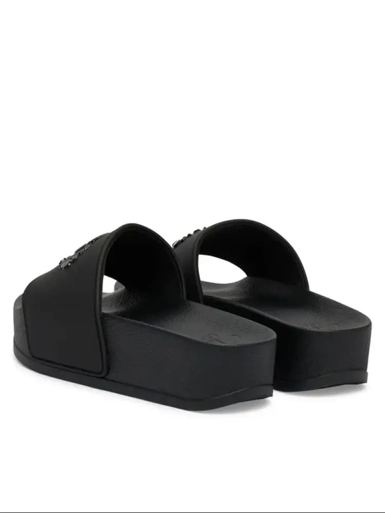 ciabatte donna mykonos in ecopelle nera con logo strass miniatura 3