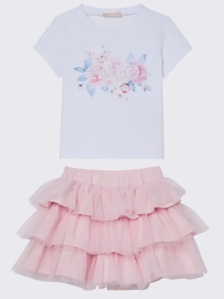 completo infant/kids top bianco con stampa floreale e gonna rosa