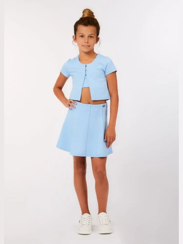 completo junior celeste con tshirt+top+gonna