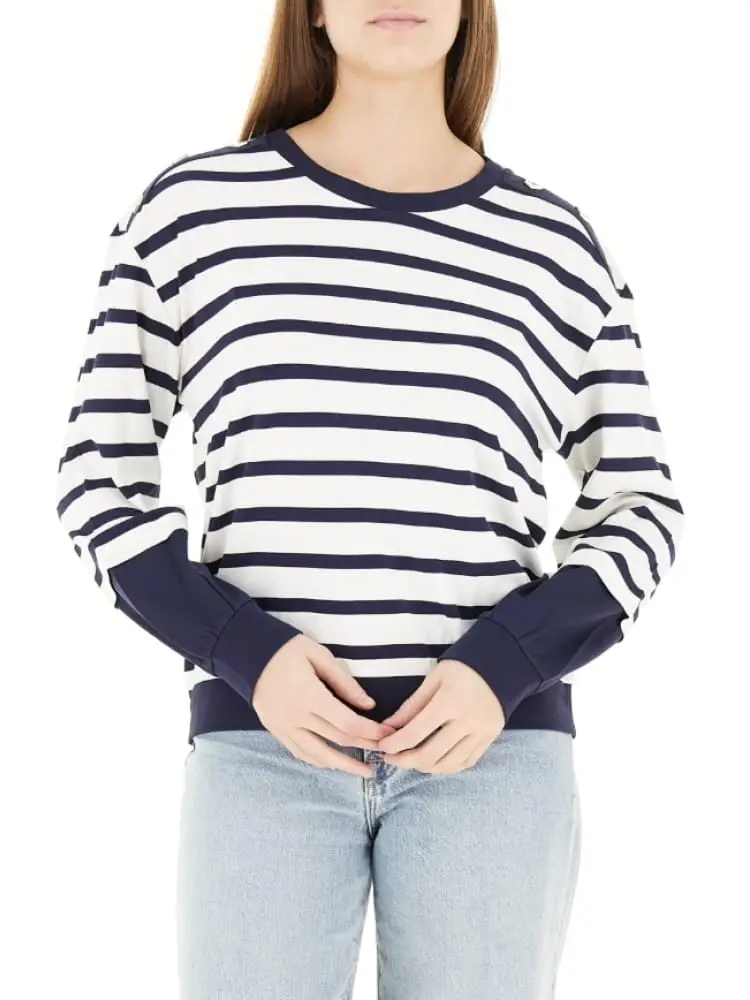 felpa donna a girocollo a righe blu e bianca