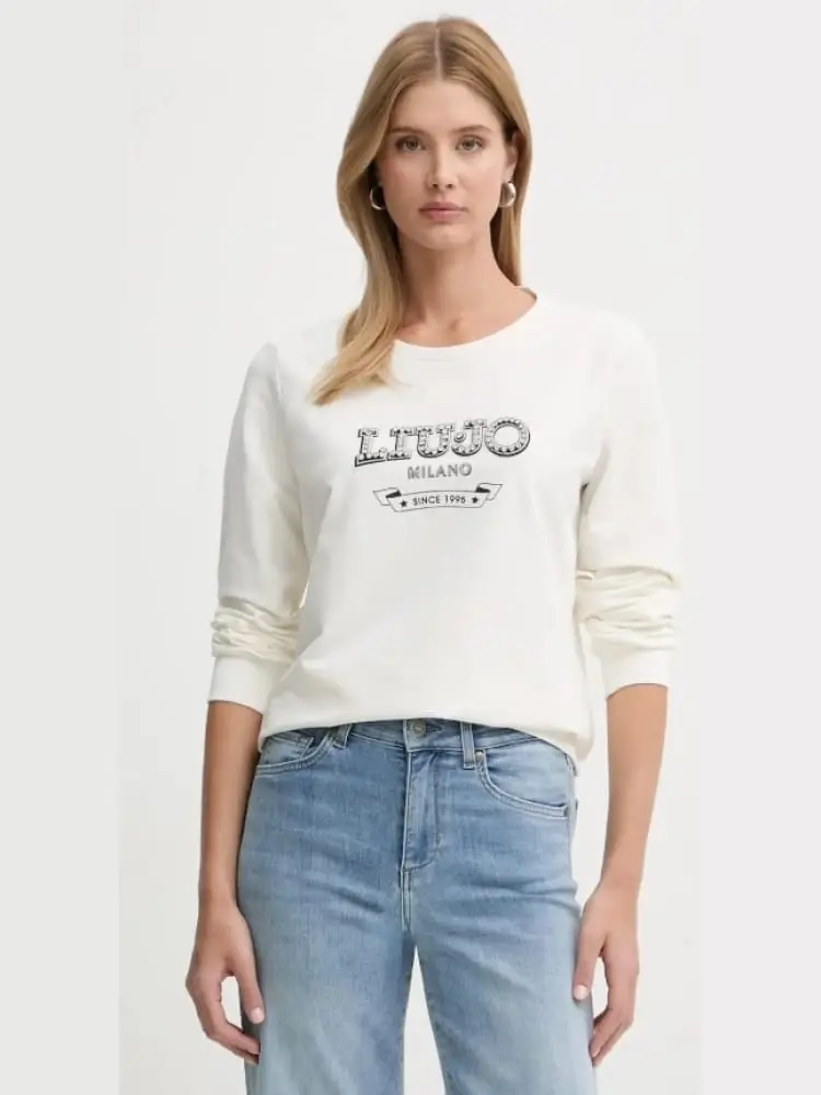 felpa donna a girocollo bianca con stampa logo in strass