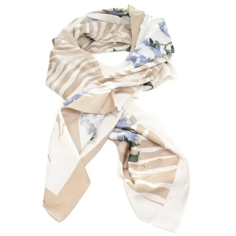 foulard da donna con stampa a fantasia rose e animalier zebra beige