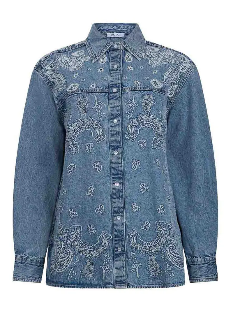 Giacca Camicia In Denim Con Motivo Jacquard Blu