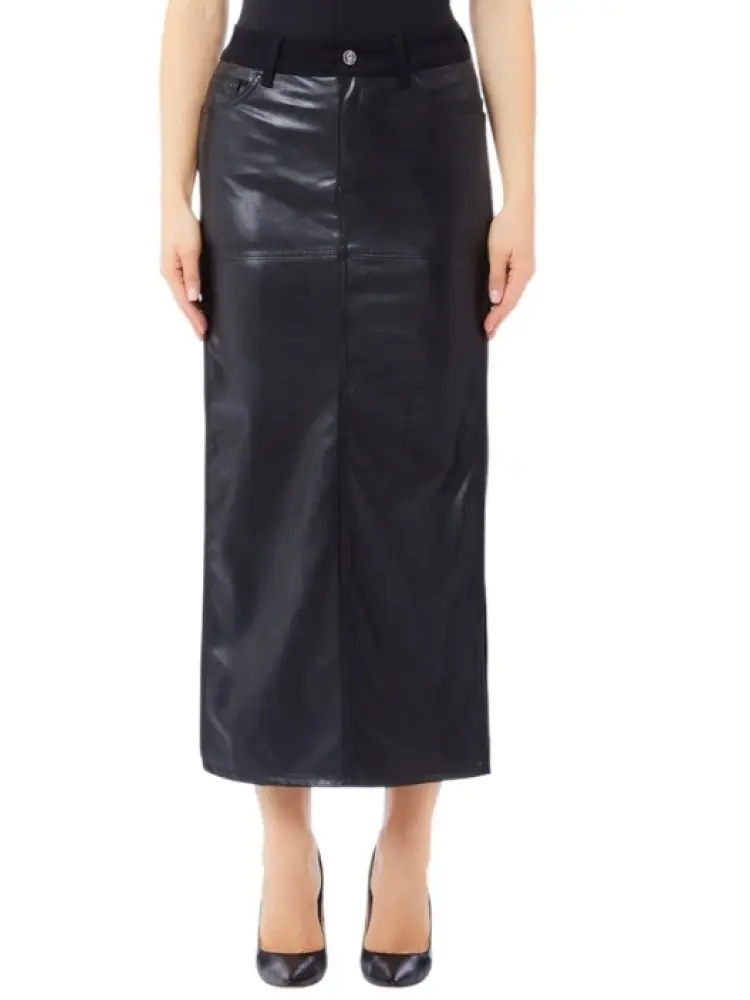 gonna lunga in tessuto nero con logo sul bottone