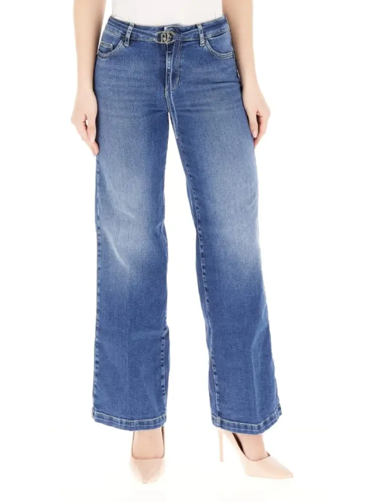 jeans donna blu in denim con cintura logo