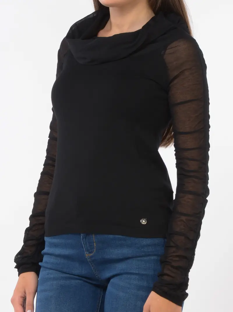 maglia da donna Liu Jo con scollo omerale e maniche con trasparenza NERO