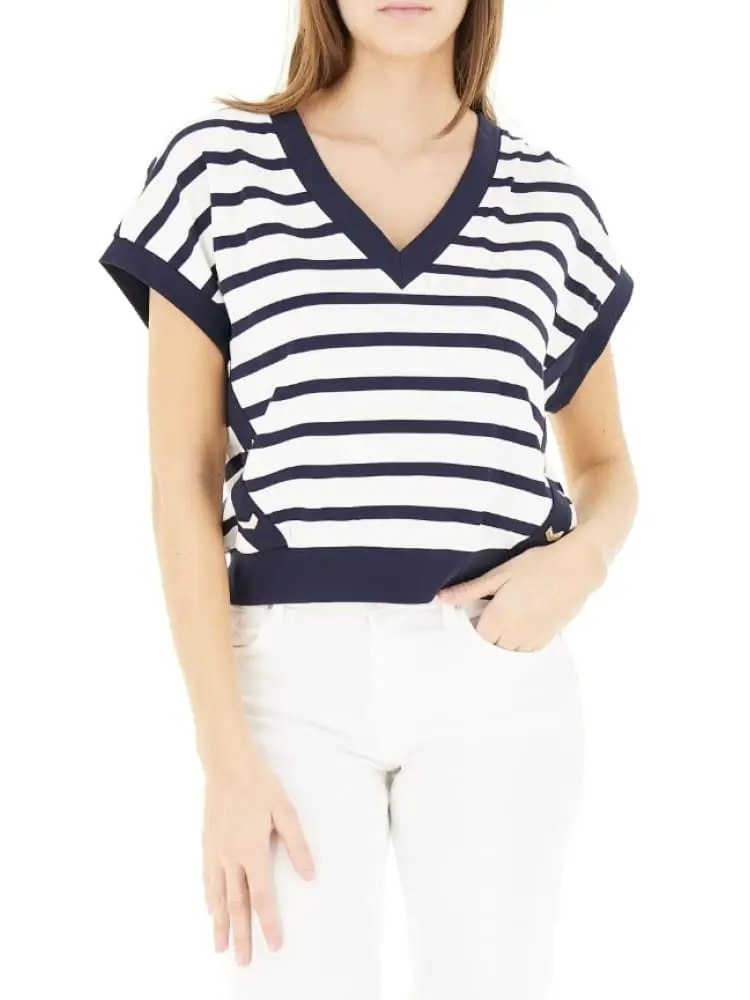 maglia donna a maniche corte a righe blu e bianca
