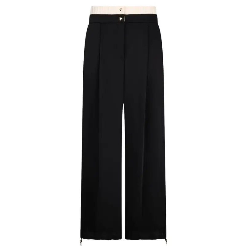 pantaloni da donna a gamba larga con doppio bottone e fascia elastica a contrasto sulla vita nero champagne miniatura 2