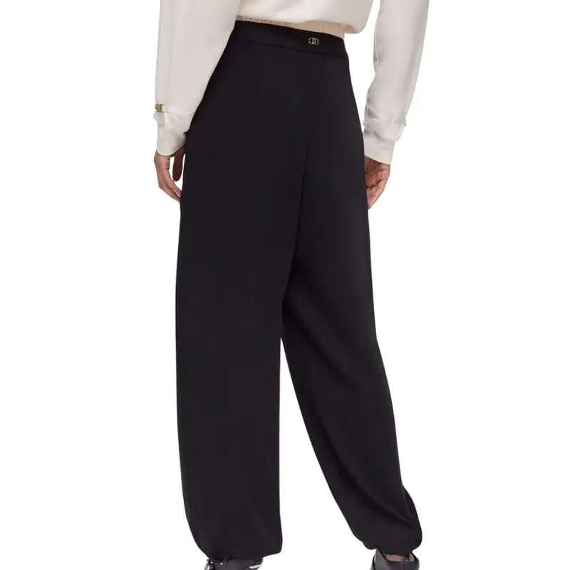 pantaloni da donna a gamba larga con doppio bottone e fascia elastica a contrasto sulla vita nero champagne miniatura 3