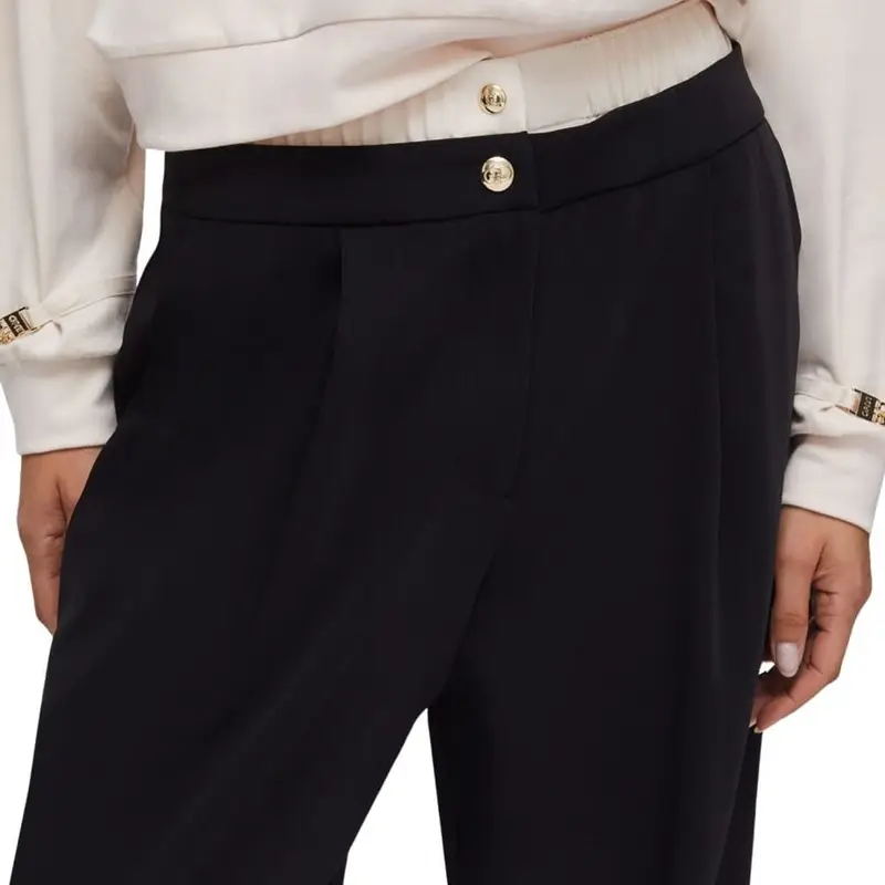 pantaloni da donna a gamba larga con doppio bottone e fascia elastica a contrasto sulla vita nero champagne miniatura 4