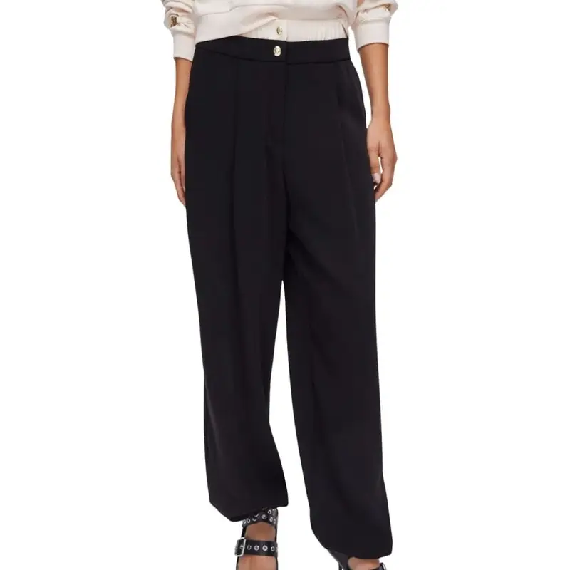 pantaloni da donna a gamba larga con doppio bottone e fascia elastica a contrasto sulla vita nero champagne