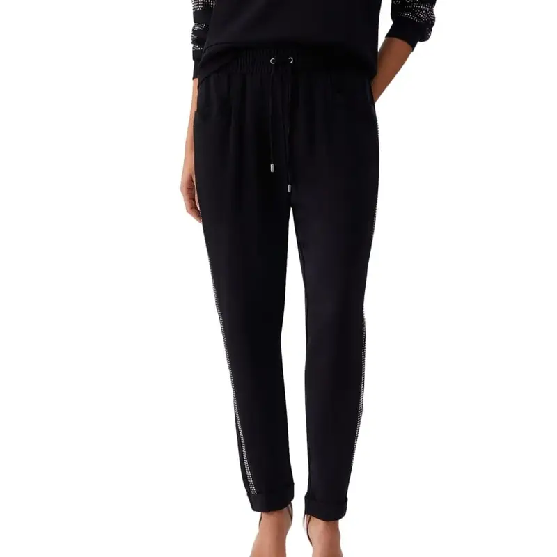 pantaloni da donna in cotone con bande laterali con micro borchie neri