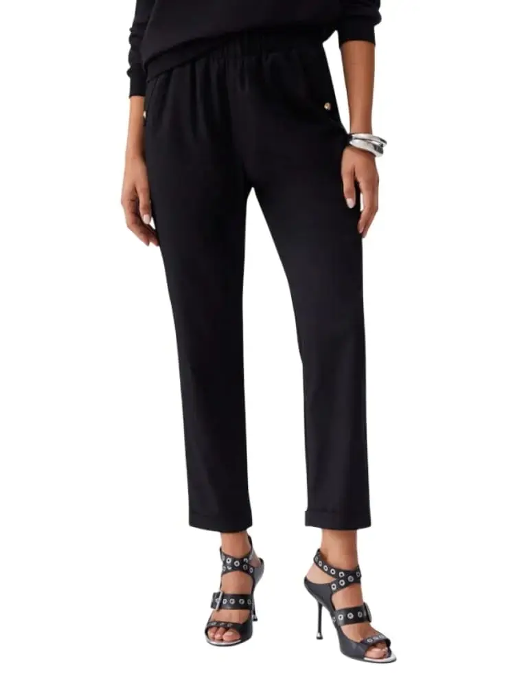 pantaloni donna lunghi neri con bottone dorato