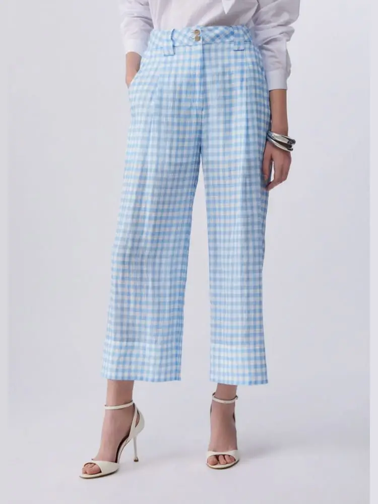 pantaloni in vichy celeste chiaro miniatura 3