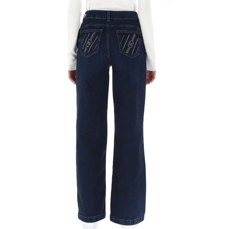 pantaloni lunghi da donna in denim con micro strass decorativi sulle tasche posteriori blu miniatura 2