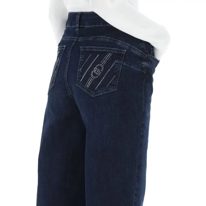 pantaloni lunghi da donna in denim con micro strass decorativi sulle tasche posteriori blu miniatura 3