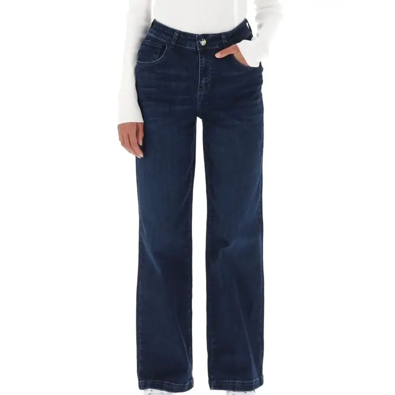 pantaloni lunghi da donna in denim con micro strass decorativi sulle tasche posteriori blu