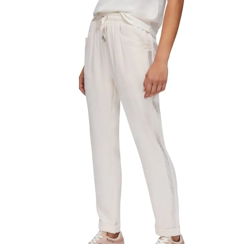 pantaloni tuta da donna in cotone con fascia laterale con strass bianchi