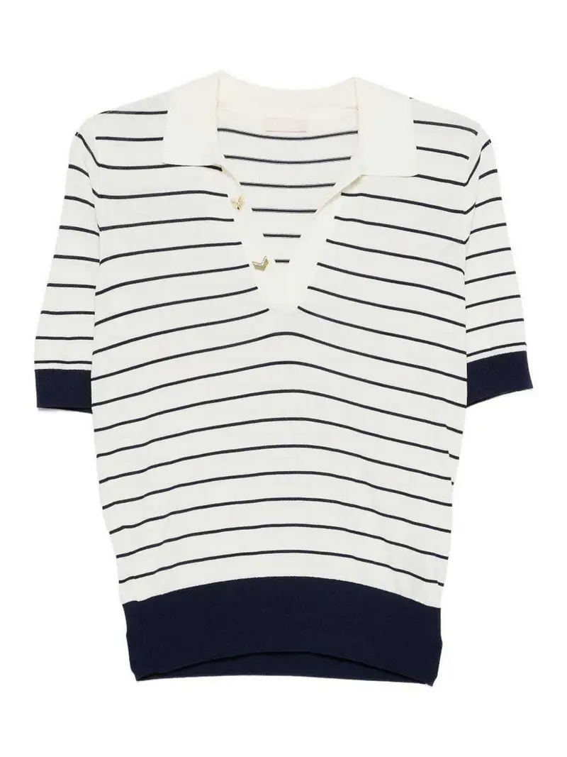Polo a righe bianche con scollo a V in blu Bianco
