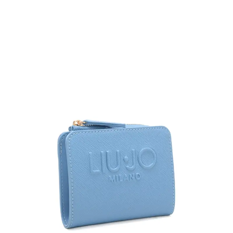 portacarte a libro da donna con maxi logo lettering in rilievo sul davanti ton sur ton azzurro miniatura 2