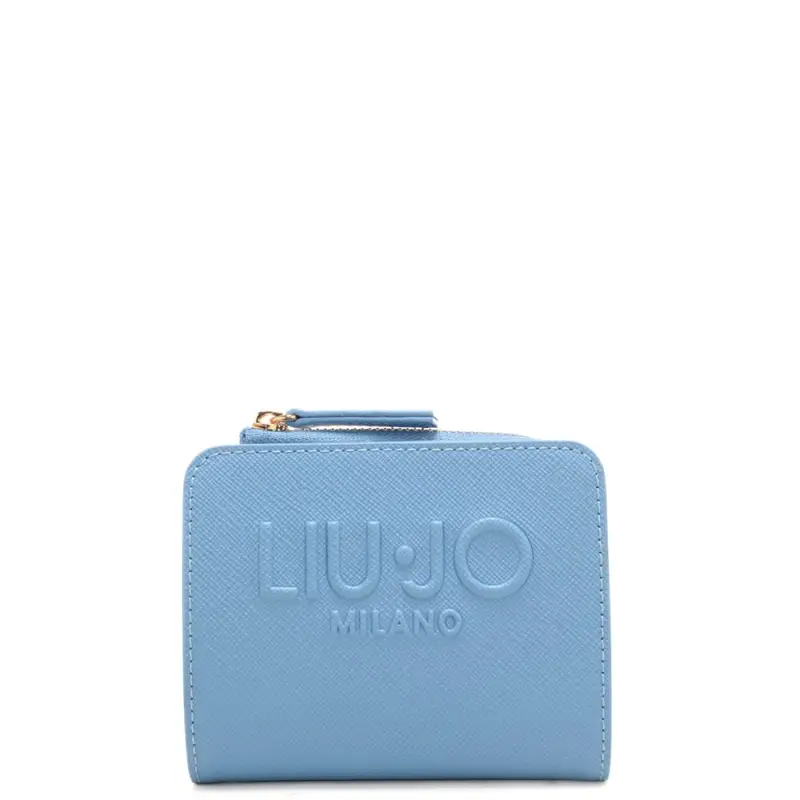 portacarte a libro da donna con maxi logo lettering in rilievo sul davanti ton sur ton azzurro