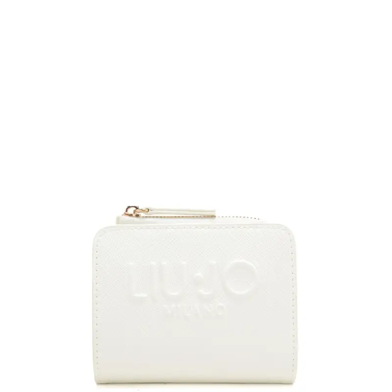 portacarte a libro da donna con maxi logo lettering in rilievo sul davanti ton sur ton crema