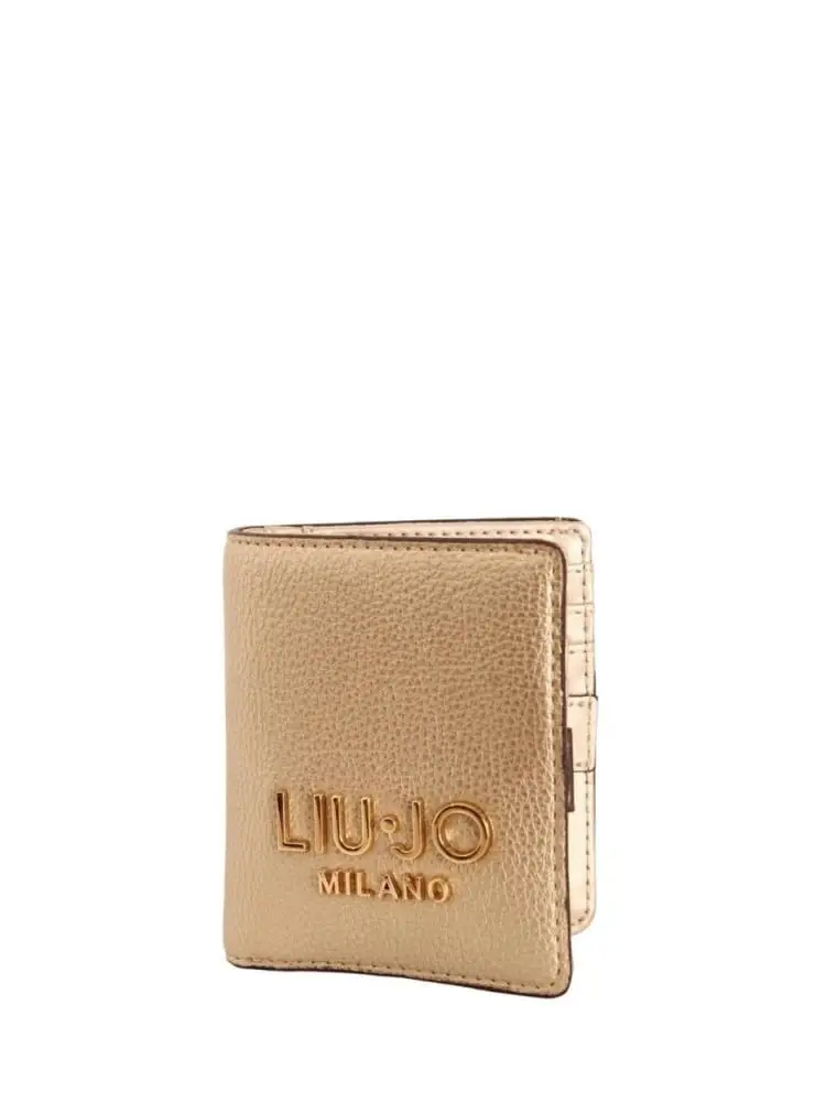 portafoglio bifold in ecopelle laminata oro con logo miniatura 3