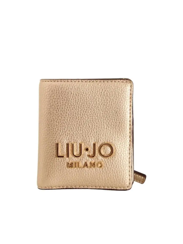portafoglio bifold in ecopelle laminata oro con logo