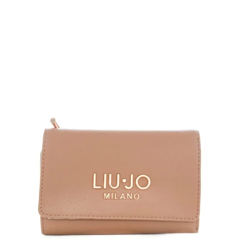 portafoglio da donna con tasca esterna con zip e chiusura con bottone automatico cammello