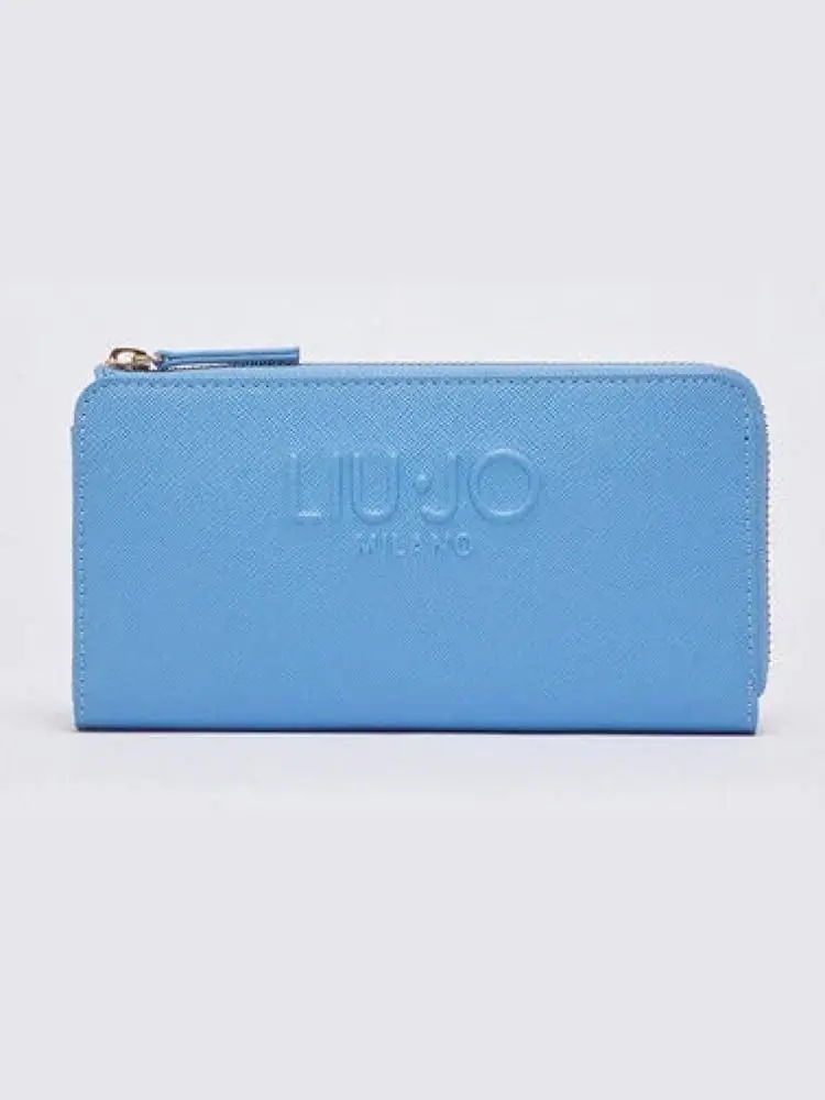 portafoglio donna azzurro zip around in similpelle con logo in rilievo