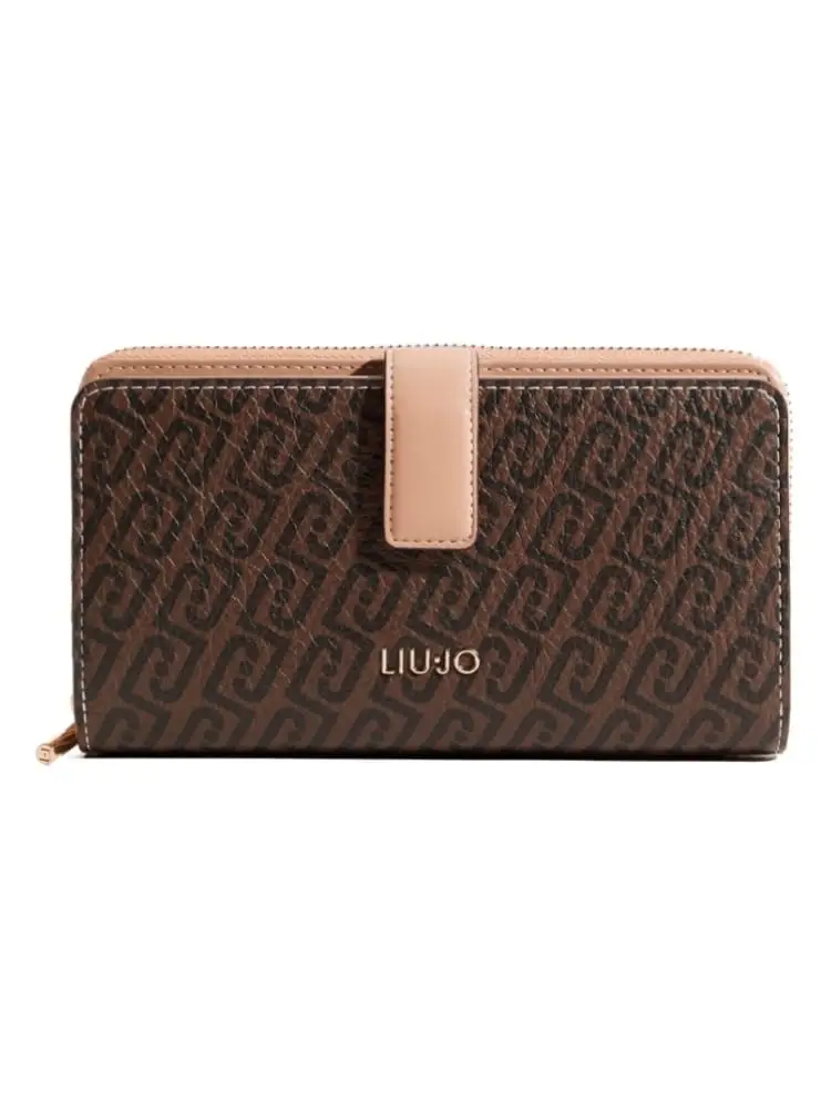 portafoglio donna grande zip around beige e marrone con pattern logo all over