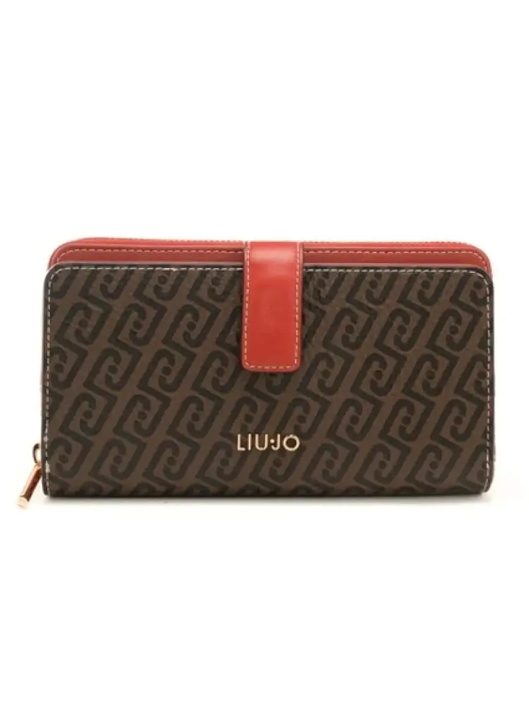 portafoglio donna grande zip around rosso e marrone con pattern logo all over