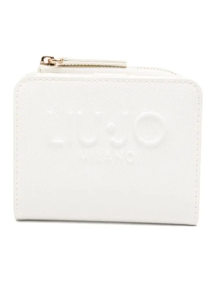 portafoglio donna in similpelle color crema con logo in rilievo e chiusura a zip