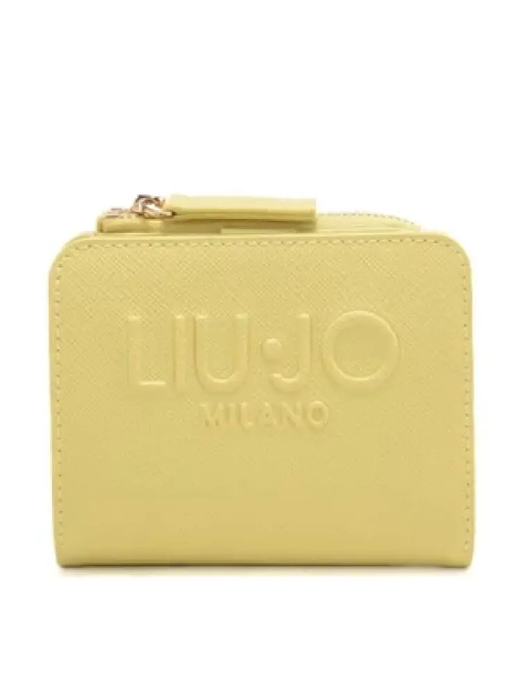 portafoglio donna in similpelle giallo con logo in rilievo e chiusura a zip