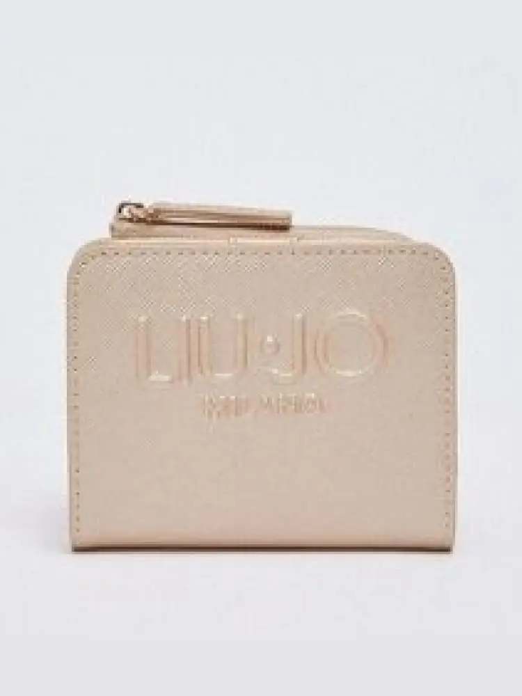portafoglio donna in similpelle light gold con logo in rilievo e chiusura a zip