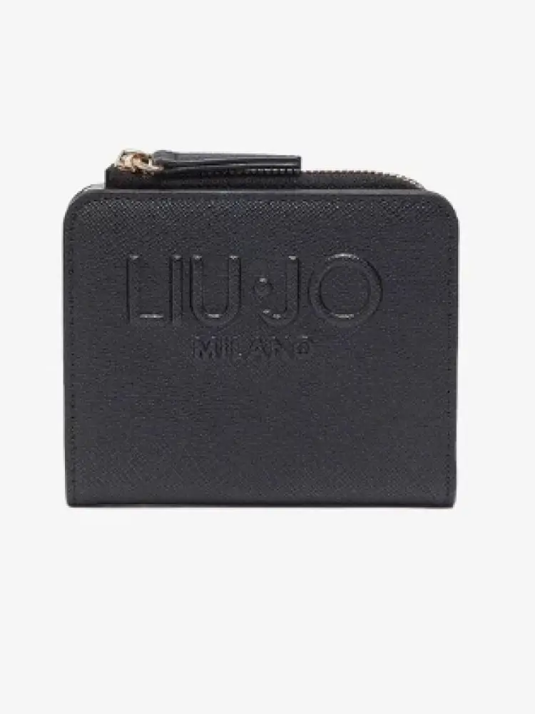 portafoglio donna in similpelle nero con logo in rilievo e chiusura a zip