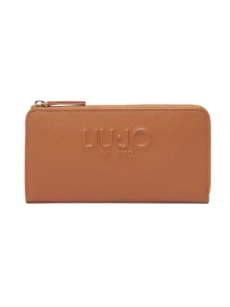 portafoglio donna marrone zip around in similpelle con logo in rilievo