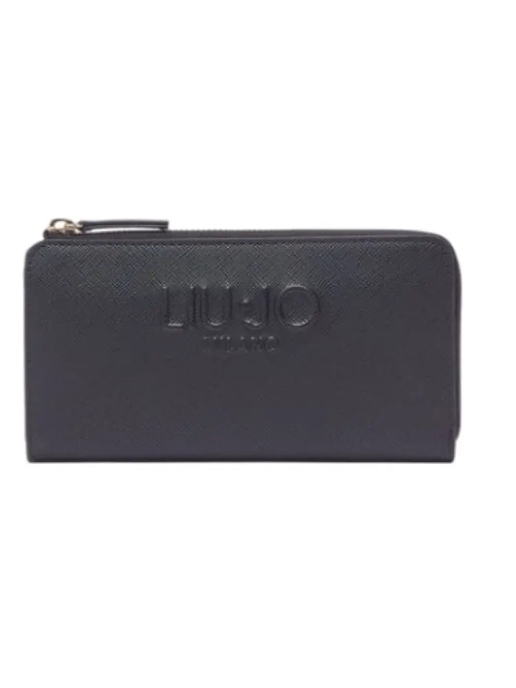 portafoglio donna nero zip around in similpelle con logo in rilievo