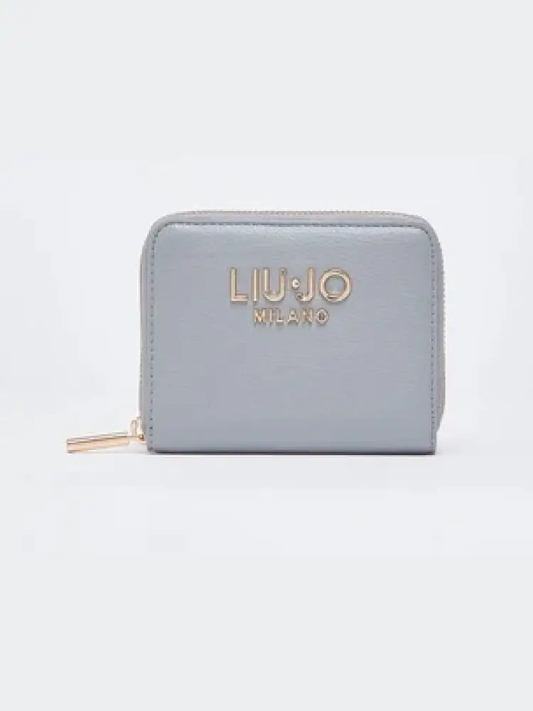portafoglio donna zip around celeste con logo dorato
