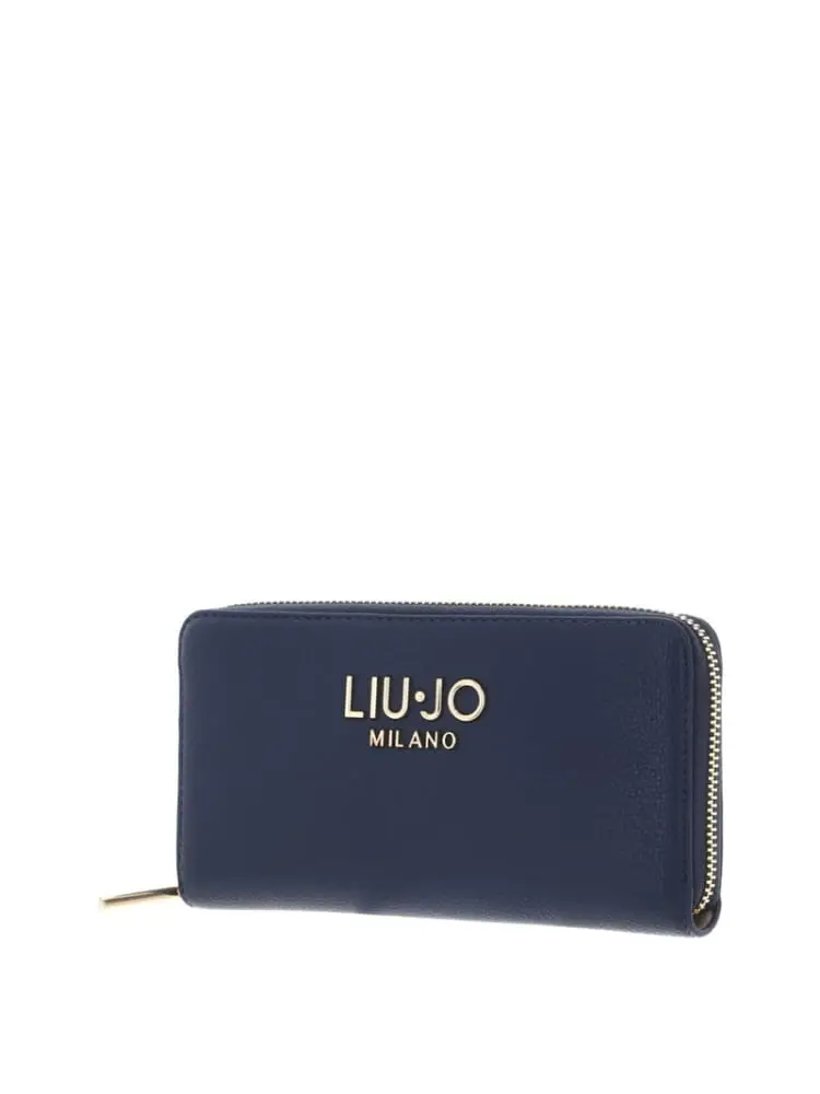 portafoglio donna zip around in similpelle blu con logo dorato miniatura 3