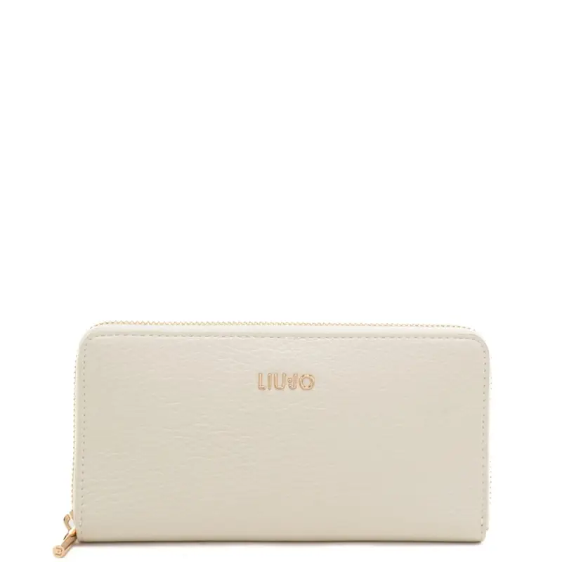 portafoglio grande da donna con logo lettering in metallo sul davanti crema