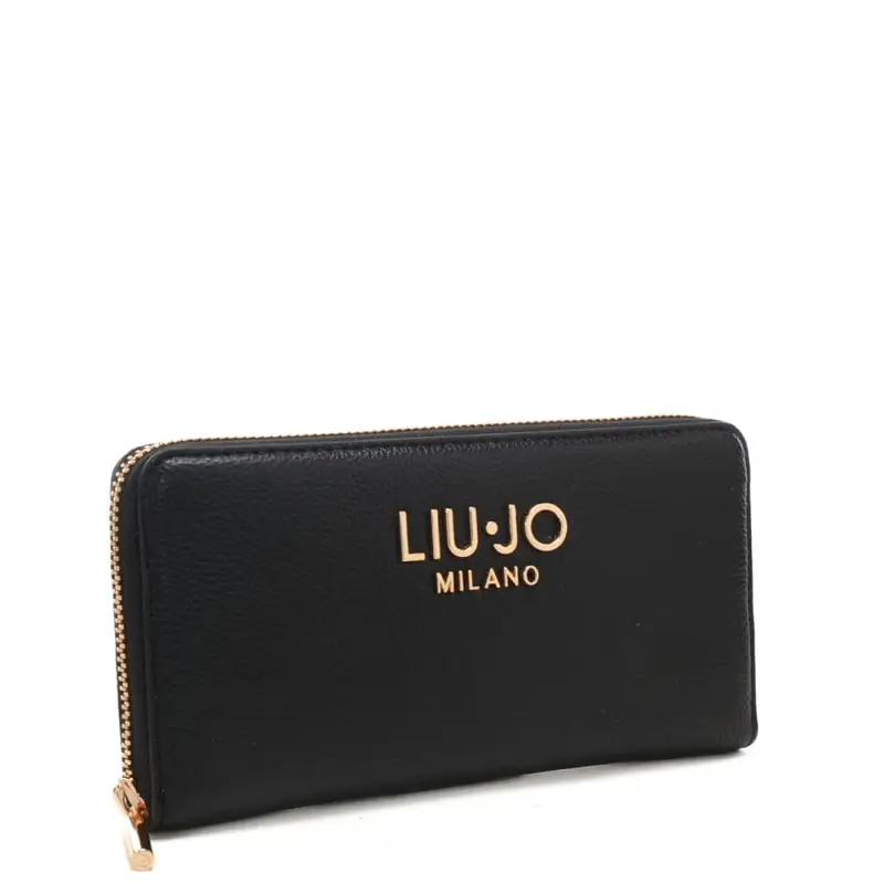 portafoglio grande da donna con logo lettering in metallo sul davanti nero miniatura 2