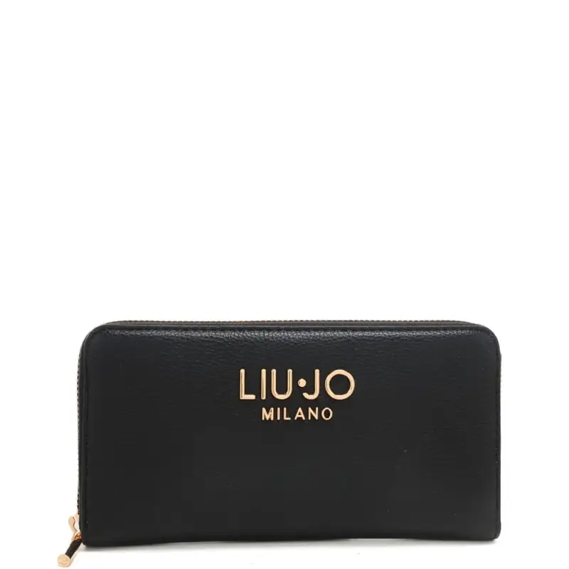 portafoglio grande da donna con logo lettering in metallo sul davanti nero