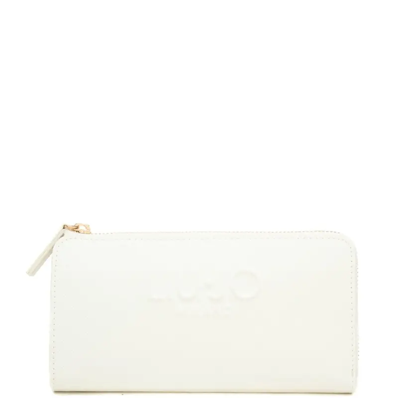 portafoglio grande da donna con maxi logo lettering in rilievo ton sur ton frontale crema