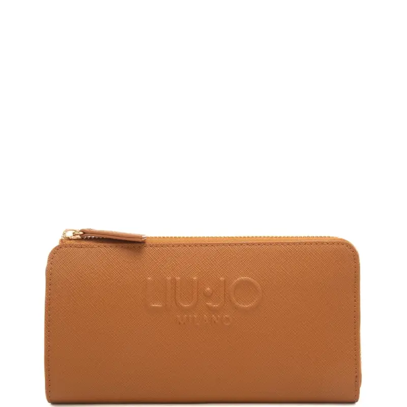 portafoglio grande da donna con maxi logo lettering in rilievo ton sur ton frontale marrone